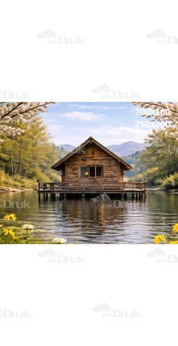 Tło fotograficzne „Drewniana chatka na jeziorze z liliami wodnymi” | E860